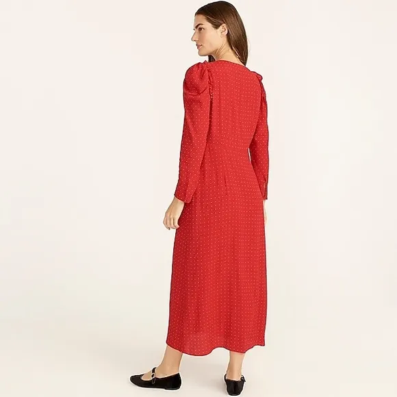 J CREW BOHO FARMHOUSE DRAPEY PUFF SLEEVE PIN DOT RED MIDI DRESS NWT SZ 8