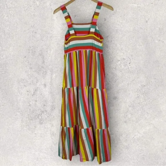 J Crew Striped Maxi Dress 2020 Rainbow Tiered Square Neck Cotton Size XXS Boho