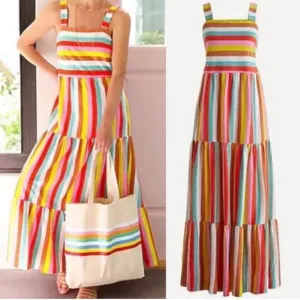 J Crew Striped Maxi Dress 2020 Rainbow Tiered Square Neck Cotton Size XXS Boho