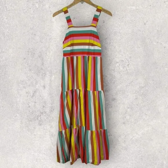 J Crew Striped Maxi Dress 2020 Rainbow Tiered Square Neck Cotton Size XXS Boho