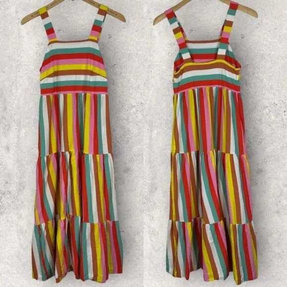 J Crew Striped Maxi Dress 2020 Rainbow Tiered Square Neck Cotton Size XXS Boho