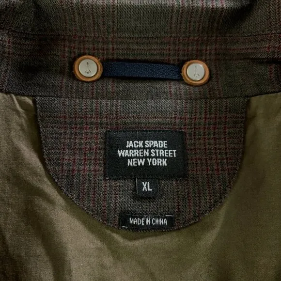 Jack Spade Warren Street Wool Car Coat Mens Size XL Brown Burgundy Plaid Jacket