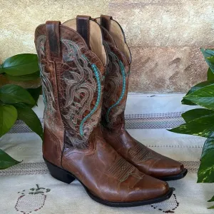 J.B Dillion Women’s Western Cowboy Brown/Turquoise Boho Calf Leather Boots