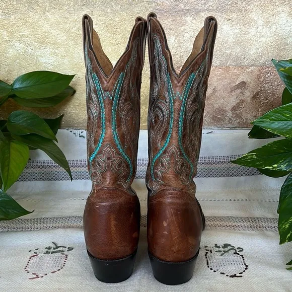 J.B Dillion Women’s Western Cowboy Brown/Turquoise Boho Calf Leather Boots