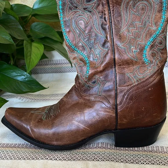 J.B Dillion Women’s Western Cowboy Brown/Turquoise Boho Calf Leather Boots