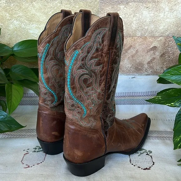 J.B Dillion Women’s Western Cowboy Brown/Turquoise Boho Calf Leather Boots