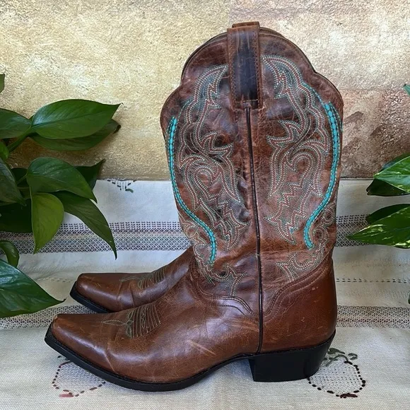 J.B Dillion Women’s Western Cowboy Brown/Turquoise Boho Calf Leather Boots