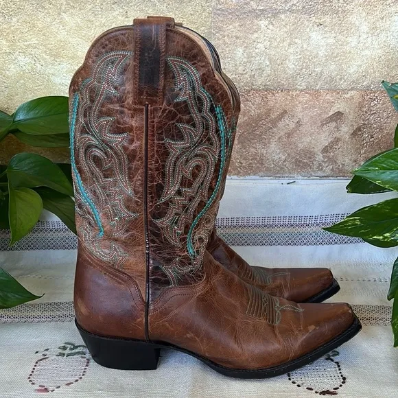 J.B Dillion Women’s Western Cowboy Brown/Turquoise Boho Calf Leather Boots