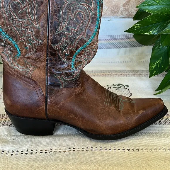 J.B Dillion Women’s Western Cowboy Brown/Turquoise Boho Calf Leather Boots