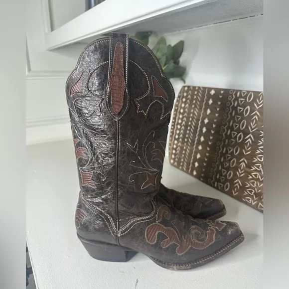 J.B. Dillon Brown Goat Inlay Embroidered Western Cowboy Boots Women's - Size 8