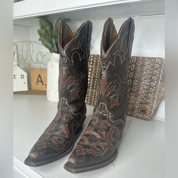 J.B. Dillon Brown Goat Inlay Embroidered Western Cowboy Boots Women's - Size 8