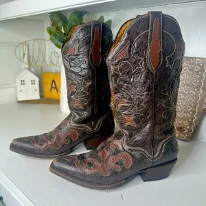 J.B. Dillon Brown Goat Inlay Embroidered Western Cowboy Boots Women's - Size 8
