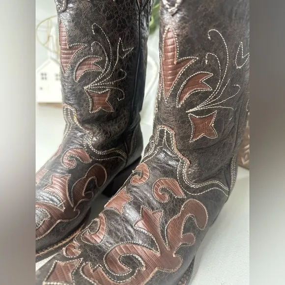 J.B. Dillon Brown Goat Inlay Embroidered Western Cowboy Boots Women's - Size 8