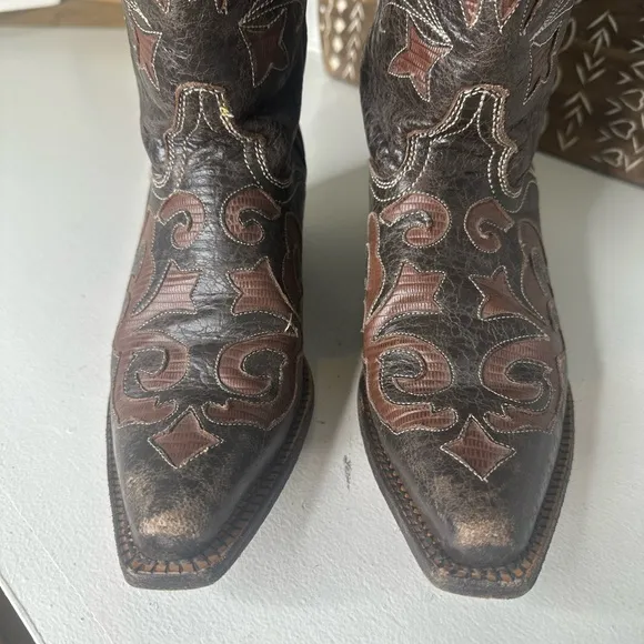 J.B. Dillon Brown Goat Inlay Embroidered Western Cowboy Boots Women's - Size 8