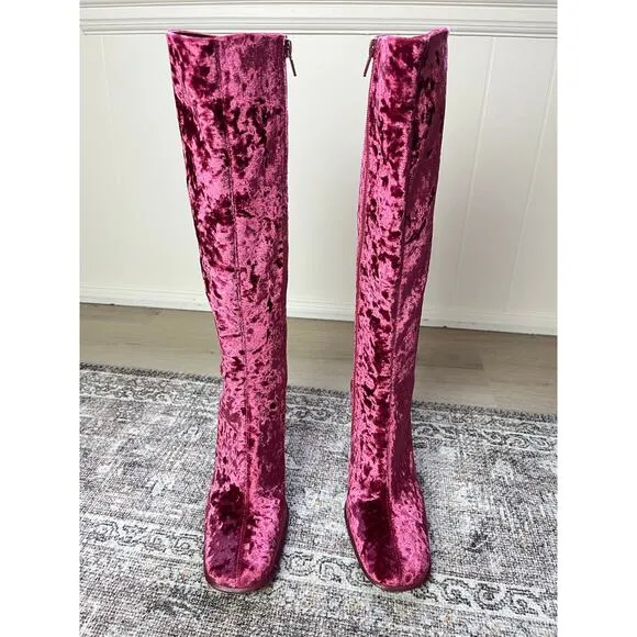Jeffrey Campbell Pink Crushed Velvet Tall Boots 7 Chunky Heel Go Go Boho Zip Up