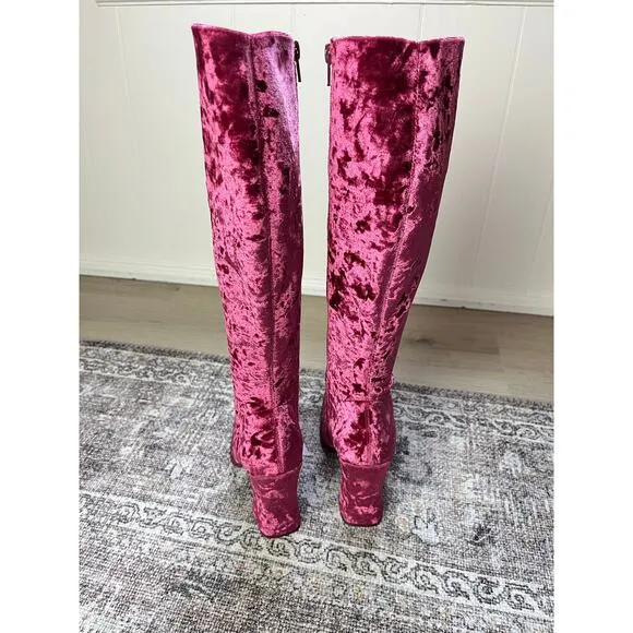 Jeffrey Campbell Pink Crushed Velvet Tall Boots 7 Chunky Heel Go Go Boho Zip Up