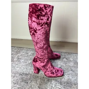 Jeffrey Campbell Pink Crushed Velvet Tall Boots 7 Chunky Heel Go Go Boho Zip Up