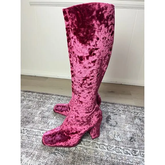 Jeffrey Campbell Pink Crushed Velvet Tall Boots 7 Chunky Heel Go Go Boho Zip Up