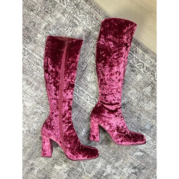 Jeffrey Campbell Pink Crushed Velvet Tall Boots 7 Chunky Heel Go Go Boho Zip Up