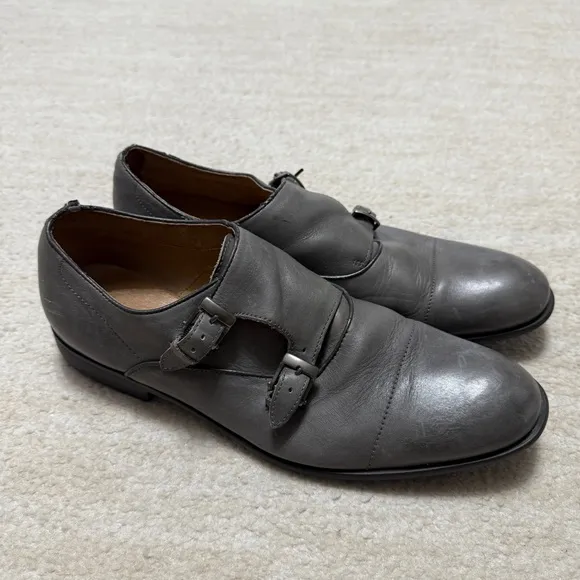 John Varvatos Double Monk Cap Toe Leather Dress Shoes Gray Men's US 10