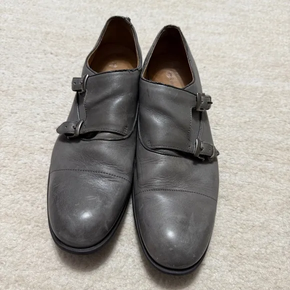 John Varvatos Double Monk Cap Toe Leather Dress Shoes Gray Men's US 10