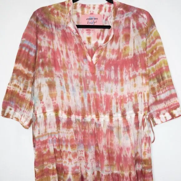 Johnny Was Amanda Bond Julia Dress Tie Dye Tiered Midi Boho Shirtdress SZ XS / S