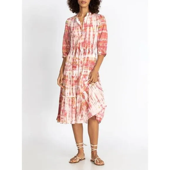 Johnny Was Amanda Bond Julia Dress Tie Dye Tiered Midi Boho Shirtdress SZ XS / S