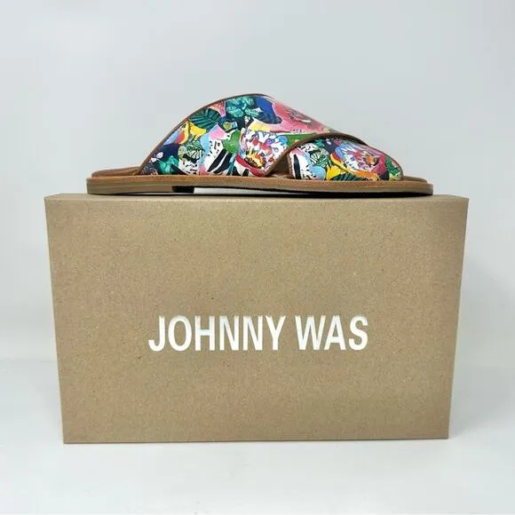 Johnny Was LAYLA X BAND Leather Sandal Size 9  Flat Tropical Floral Tan Multi