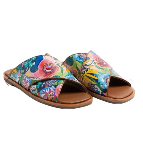 Johnny Was LAYLA X BAND Leather Sandal Size 9  Flat Tropical Floral Tan Multi