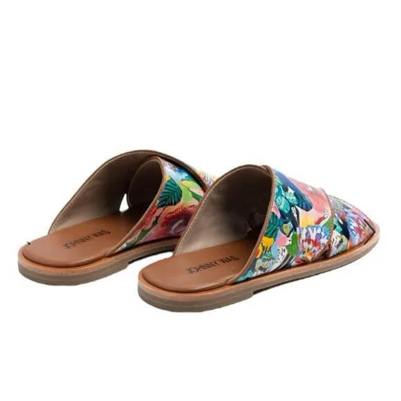 Johnny Was LAYLA X BAND Leather Sandal Size 9  Flat Tropical Floral Tan Multi