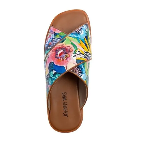 Johnny Was LAYLA X BAND Leather Sandal Size 9  Flat Tropical Floral Tan Multi
