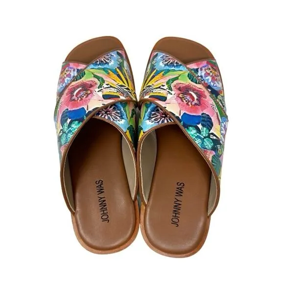 Johnny Was LAYLA X BAND Leather Sandal Size 9  Flat Tropical Floral Tan Multi