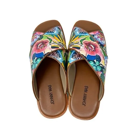 Johnny Was LAYLA X BAND Leather Sandal Size 9  Flat Tropical Floral Tan Multi