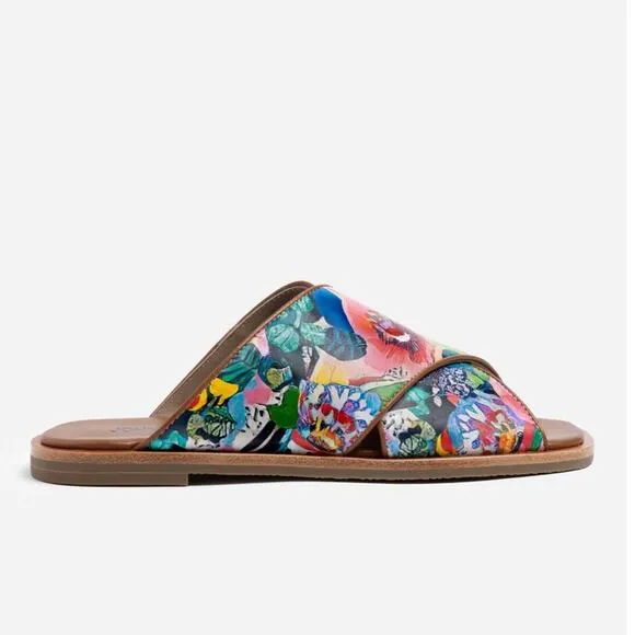 Johnny Was LAYLA X BAND Leather Sandal Size 9  Flat Tropical Floral Tan Multi