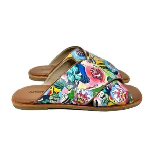 Johnny Was LAYLA X BAND Leather Sandal Size 9  Flat Tropical Floral Tan Multi