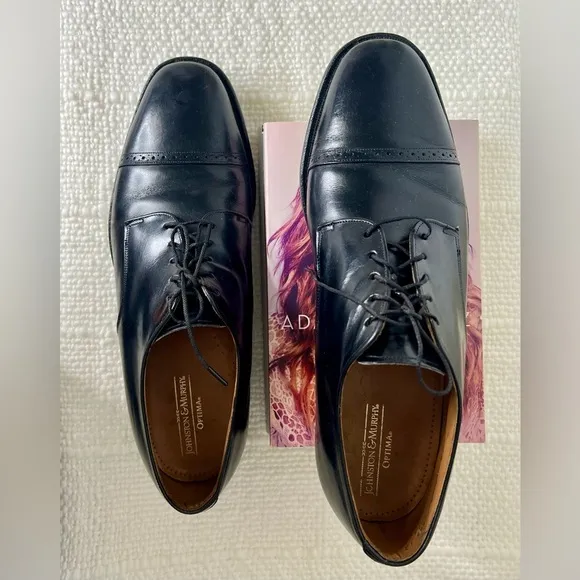 Johnston &amp; Murphy Optima Mens Black Leather Cap Toe Oxford Dress Shoes Size 12 D