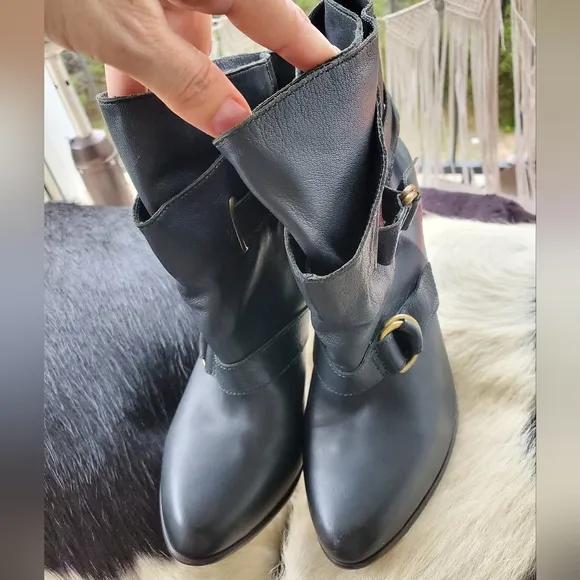 Joie Black Ankle High Heel Leather Boots with Buckle Detail Sz 7