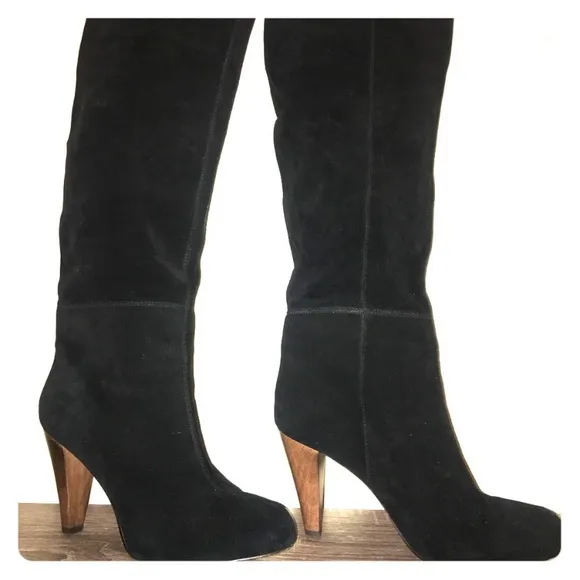Joie Caviar Black Suede Tall Heeled Boots With Stitching detail…