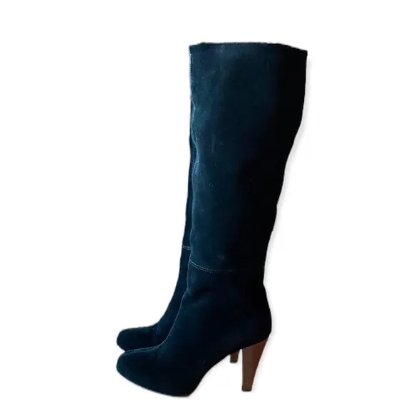 Joie Caviar Black Suede Tall knee length Heeled Boots With Stitching Slouchy