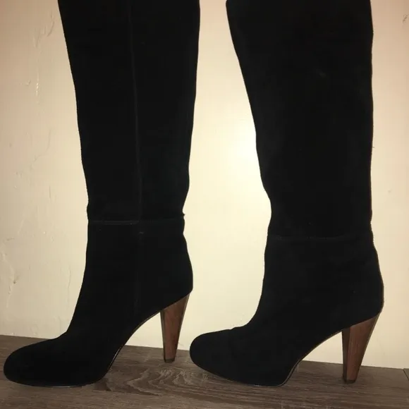 Joie Caviar Black Suede Tall knee length Heeled Boots With Stitching Slouchy