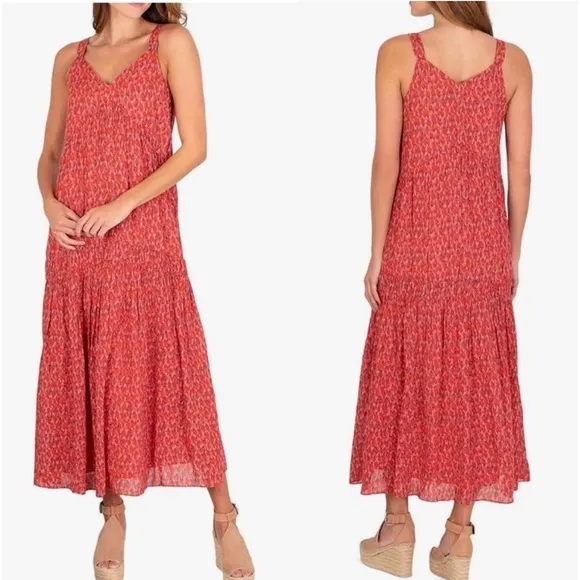 Joie Cotton Flowy Tiered Rose Floral Red Print Sleeveless Midi Maxi Sun Dress M
