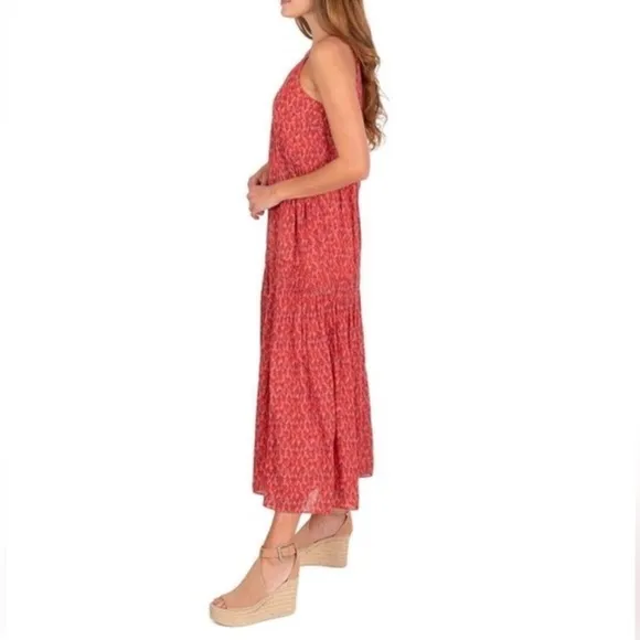 Joie Cotton Flowy Tiered Rose Floral Red Print Sleeveless Midi Maxi Sun Dress M