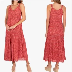 Joie Cotton Flowy Tiered Rose Floral Red Print Sleeveless Midi Maxi Sun Dress M