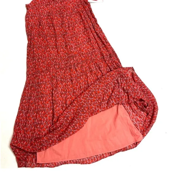 Joie Cotton Flowy Tiered Rose Floral Red Print Sleeveless Midi Maxi Sun Dress M