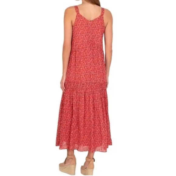 Joie Cotton Flowy Tiered Rose Floral Red Print Sleeveless Midi Maxi Sun Dress M