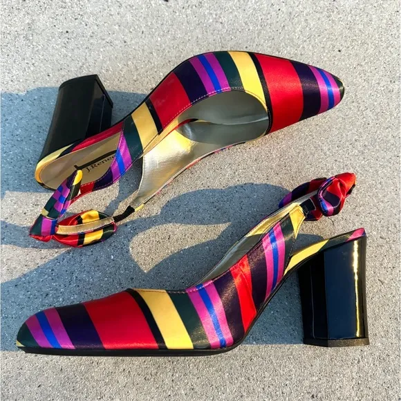 J.RENEE heels pumps chunky Slingback shoes NEW striped satin colorblock 13 black