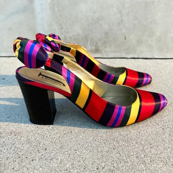 J.RENEE heels pumps chunky Slingback shoes NEW striped satin colorblock 13 black