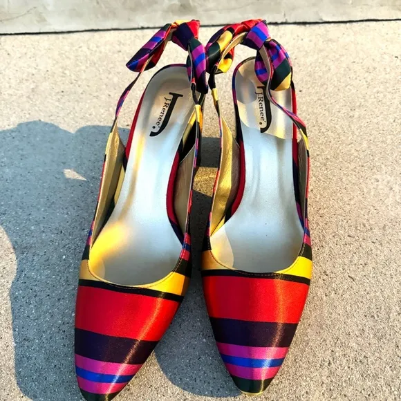 J.RENEE heels pumps chunky Slingback shoes NEW striped satin colorblock 13 black