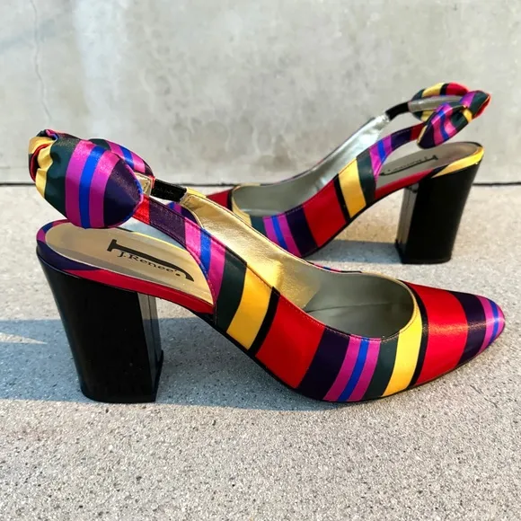 J.RENEE heels pumps chunky Slingback shoes NEW striped satin colorblock 13 black