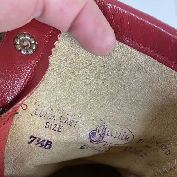 Justin Boot Vintage Kiltie Roper boots in Red with Metal Decal Rare 7.5